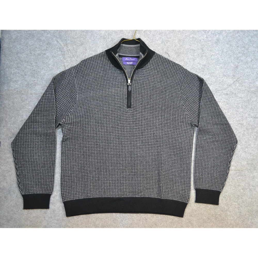 Alan Flusser Sweater Mens M Gray Pure Cashmere 1/4 Zip Mock Neck Check Knit